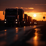 Truck, travel or transport of oil at sunset for fossil fuel import, export and ai generated industry