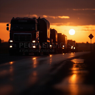 Truck, travel or transport of oil at sunset for fossil fuel import, export and ai generated industry