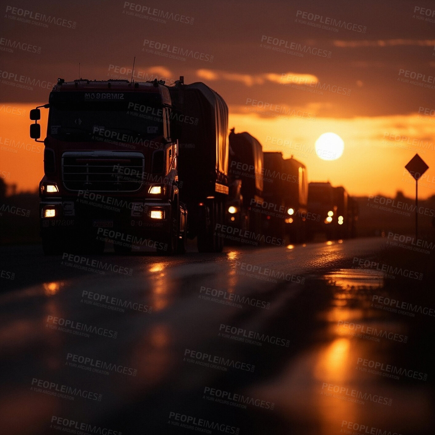 Buy stock photo Truck, travel or transport of oil at sunset for fossil fuel import, export and ai generated industry