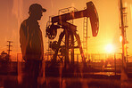 Man, planning or double exposure on oil refinery at sunset for import, export or ai generated mining