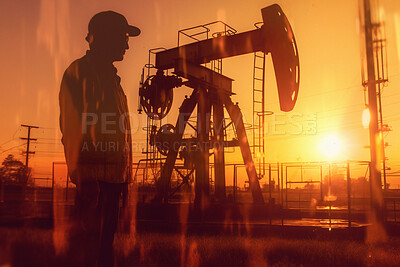 Man, planning or double exposure on oil refinery at sunset for import, export or ai generated mining