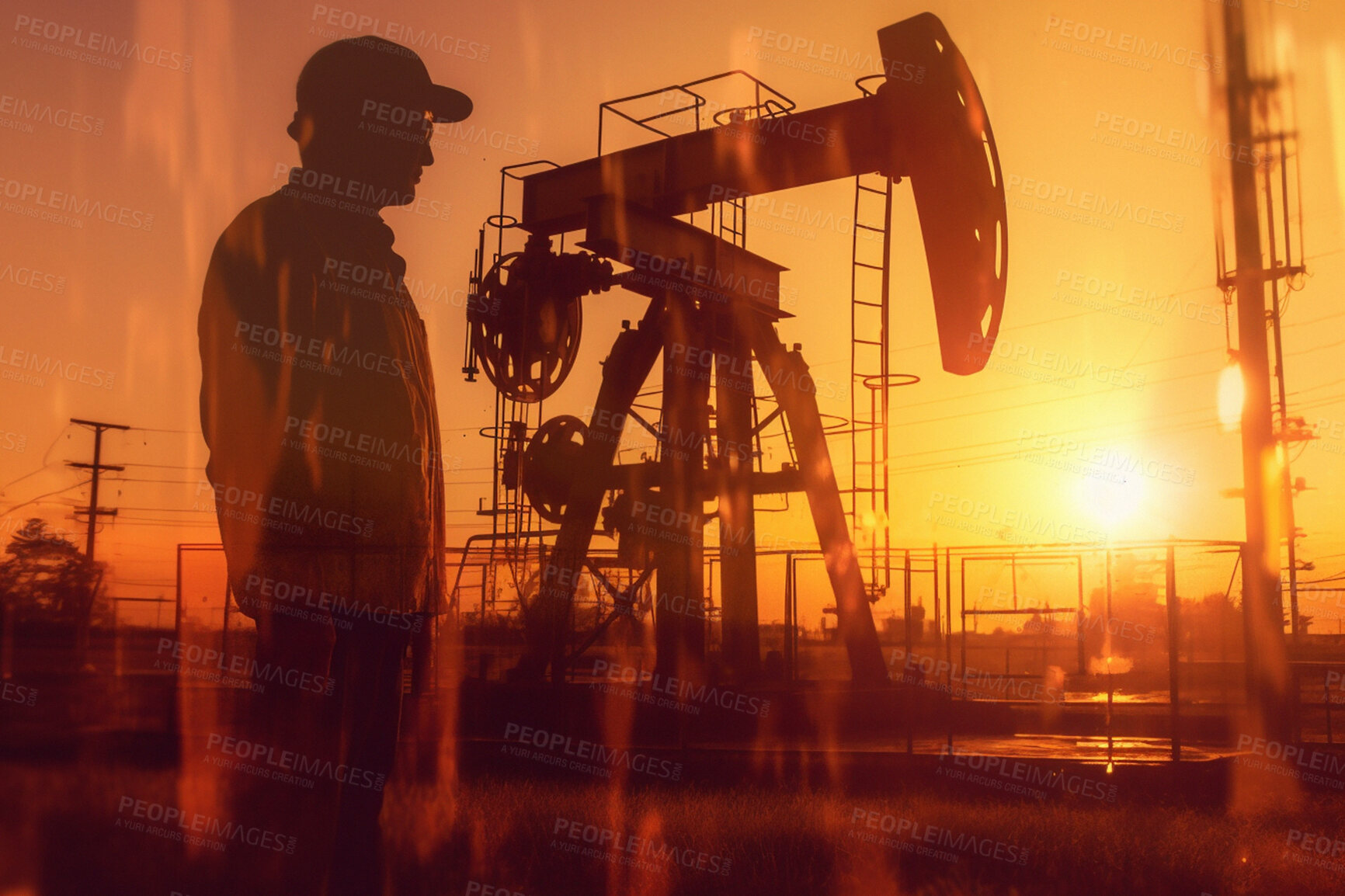 Buy stock photo Man, planning or double exposure on oil refinery at sunset for import, export or ai generated mining