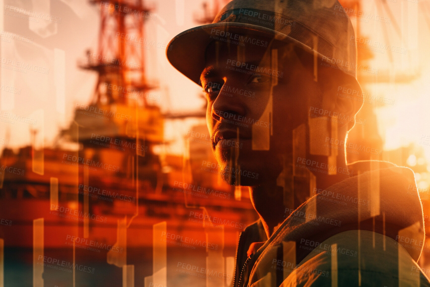 Buy stock photo Man, planning and double exposure on oil rig at sunset for import, export and ai generated mining