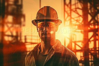 Man, portrait and double exposure on oil rig at sunset for import, export and ai generated mining