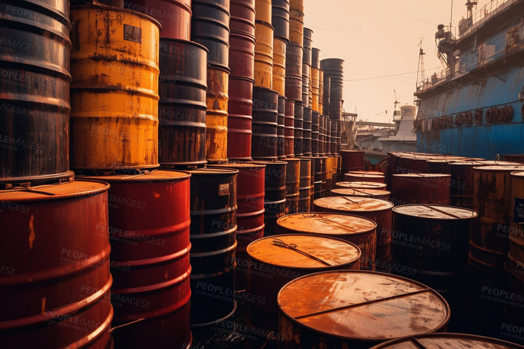 Buy stock photo Oil, container and shipyard storage at sunset for export, import and ai generated fossil fuel drums