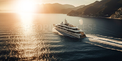 Ship, ocean and sea travel at sunrise for holiday, vacation and ai generated tourism on nature yacht