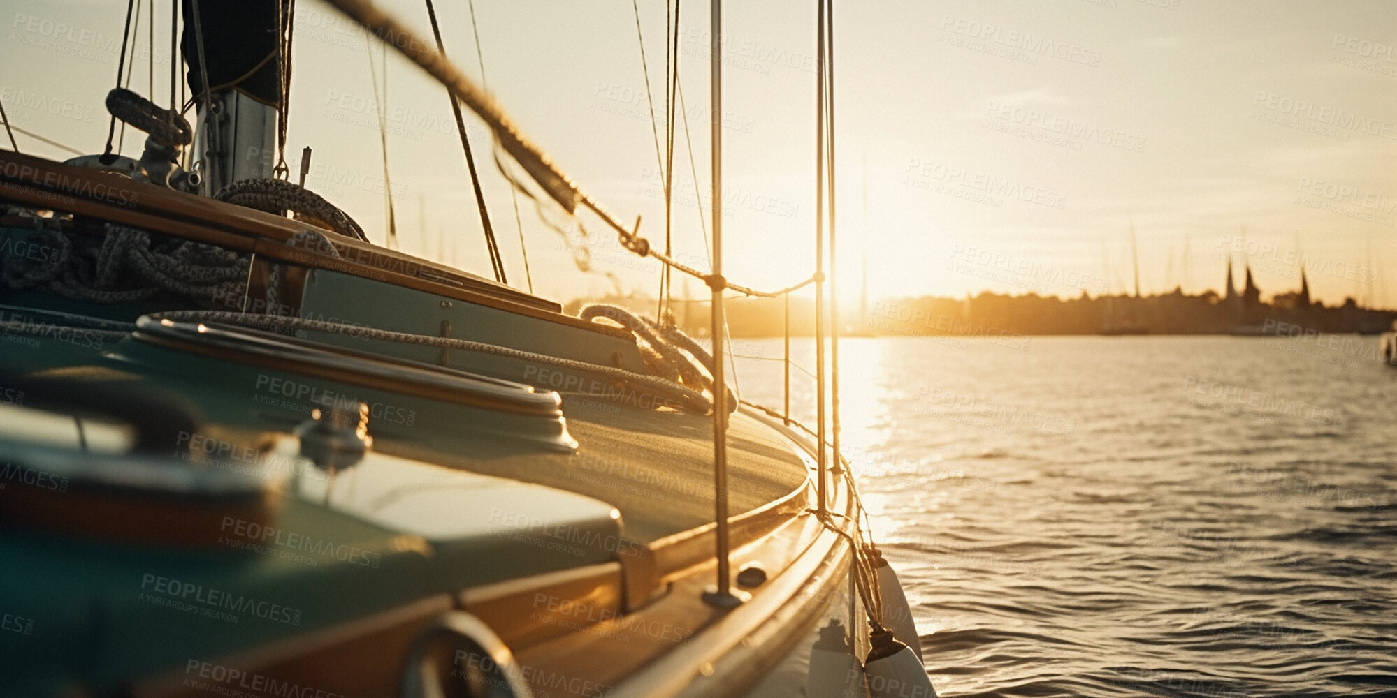 Buy stock photo Travel boat, yacht and deck at sunset for ocean holiday, vacation view and ai generated sea trip