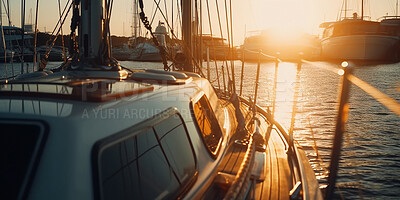 Travel boat, yacht and deck view at sunset for ocean holiday, vacation and ai generated sea trip