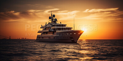 Buy stock photo Ship, yacht and ocean travel at sunrise for holiday, vacation and ai generated tourism in nature