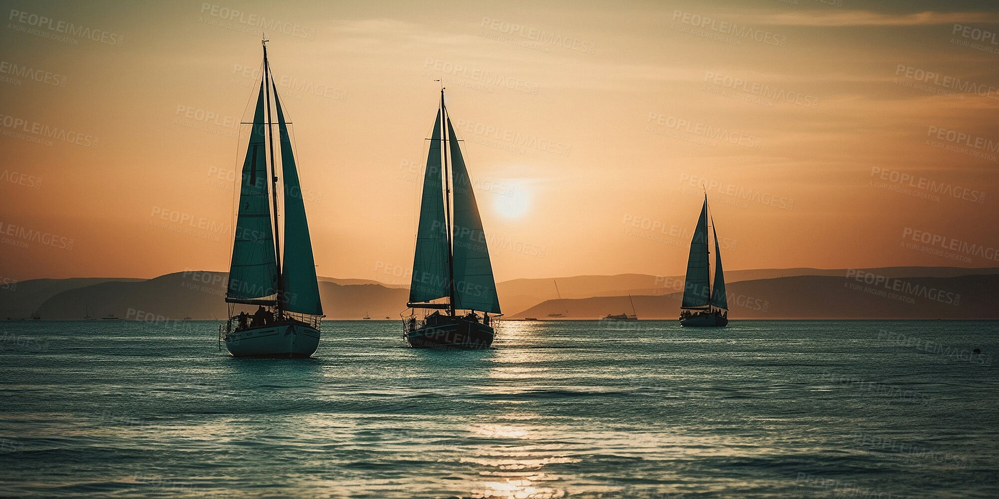 Buy stock photo Sailboat, yacht and ocean travel at sunset for holiday, vacation and ai generated tourism in nature