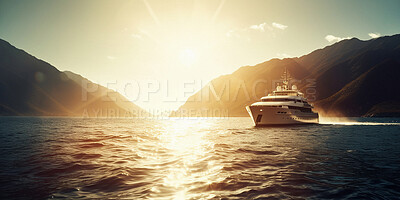 Ship, yacht and ocean travel at sunset for holiday, vacation and ai generated tourism in nature sea