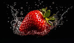 Strawberry, water splash and freshness with hydration for cleansing or cleaning produce on a dark, ai generated background. Food, fruit and liquid for hygiene of a healthy and delicious berry