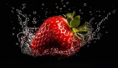 Strawberry, water splash and freshness with hydration for cleansing or cleaning produce on a dark, ai generated background. Food, fruit and liquid for hygiene of a healthy and delicious berry