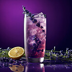 Glass, drink and purple cocktail with lemon and citrus on an ai generated background for freshness at a party. Refreshment, alcohol and cold liquor with ice for a floral and herbal bar beverage