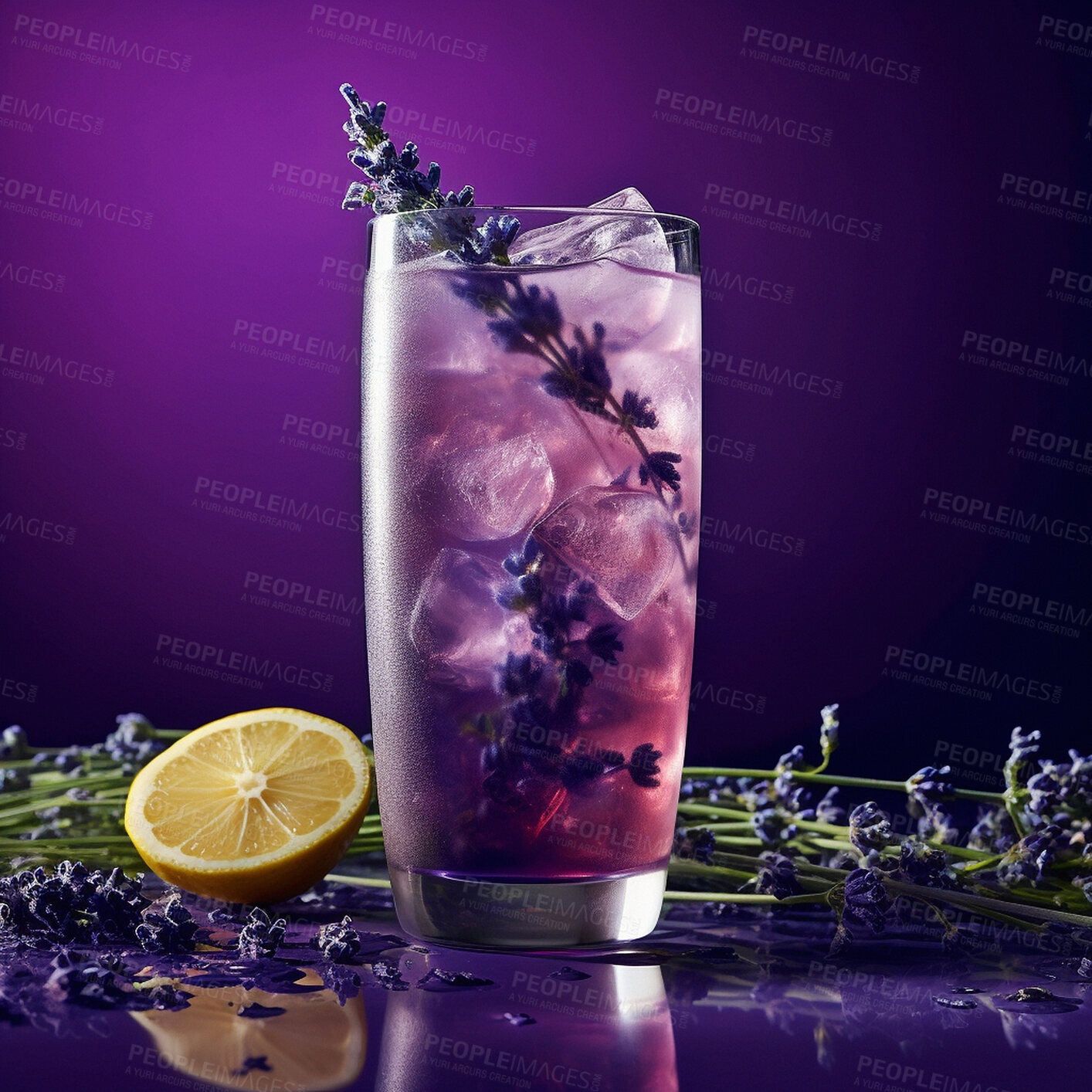 Buy stock photo Glass, drink and purple cocktail with lemon and citrus on an ai generated background for freshness at a party. Refreshment, alcohol and cold liquor with ice for a floral and herbal bar beverage