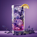 Lavender, drink and glass of cocktail for a fresh tropical and ai generated lemon beverage closeup on a purple background. Herbal, tonic and alcohol bar drinks made with fresh liquor and soda