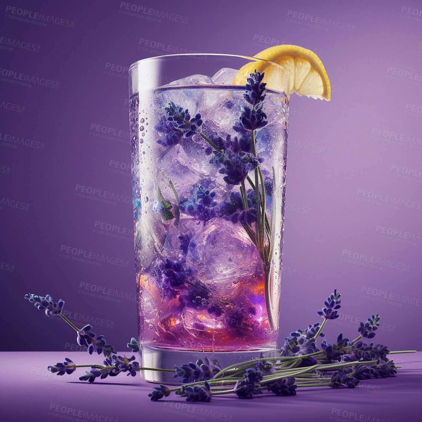 Buy stock photo Lavender, drink and glass of cocktail for a fresh tropical and ai generated lemon beverage closeup on a purple background. Herbal, tonic and alcohol bar drinks made with fresh liquor and soda