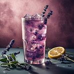 Glass, drink and lavender cocktail with lemon on an ai generated dark background. Herbal, alcohol and a cold bar beverage made with liquor for a tropical refreshment at a party closeup