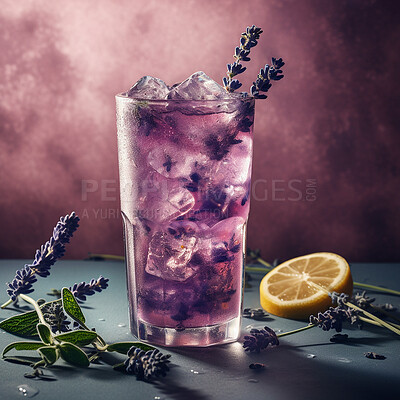 Glass, drink and lavender cocktail with lemon on an ai generated dark background. Herbal, alcohol and a cold bar beverage made with liquor for a tropical refreshment at a party closeup