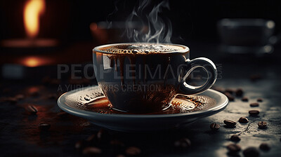Steam, hot and coffee cup closeup with ai generated espresso for health, wellness and energy. Aroma, cappucino and ceramic mug with a drink of delicious mocha in a restaurant for breakfast