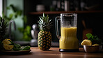 Blender, pineapple and fruit smoothie for health and wellness in an ai generated home. Diet, nutrition and fresh tropical fruit juice as a breakfast or brunch snack to drink as a cold cocktail