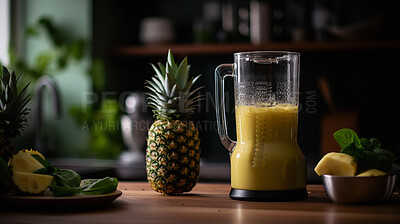Blender, pineapple and fruit smoothie for health and wellness in an ai generated home. Diet, nutrition and fresh tropical fruit juice as a breakfast or brunch snack to drink as a cold cocktail