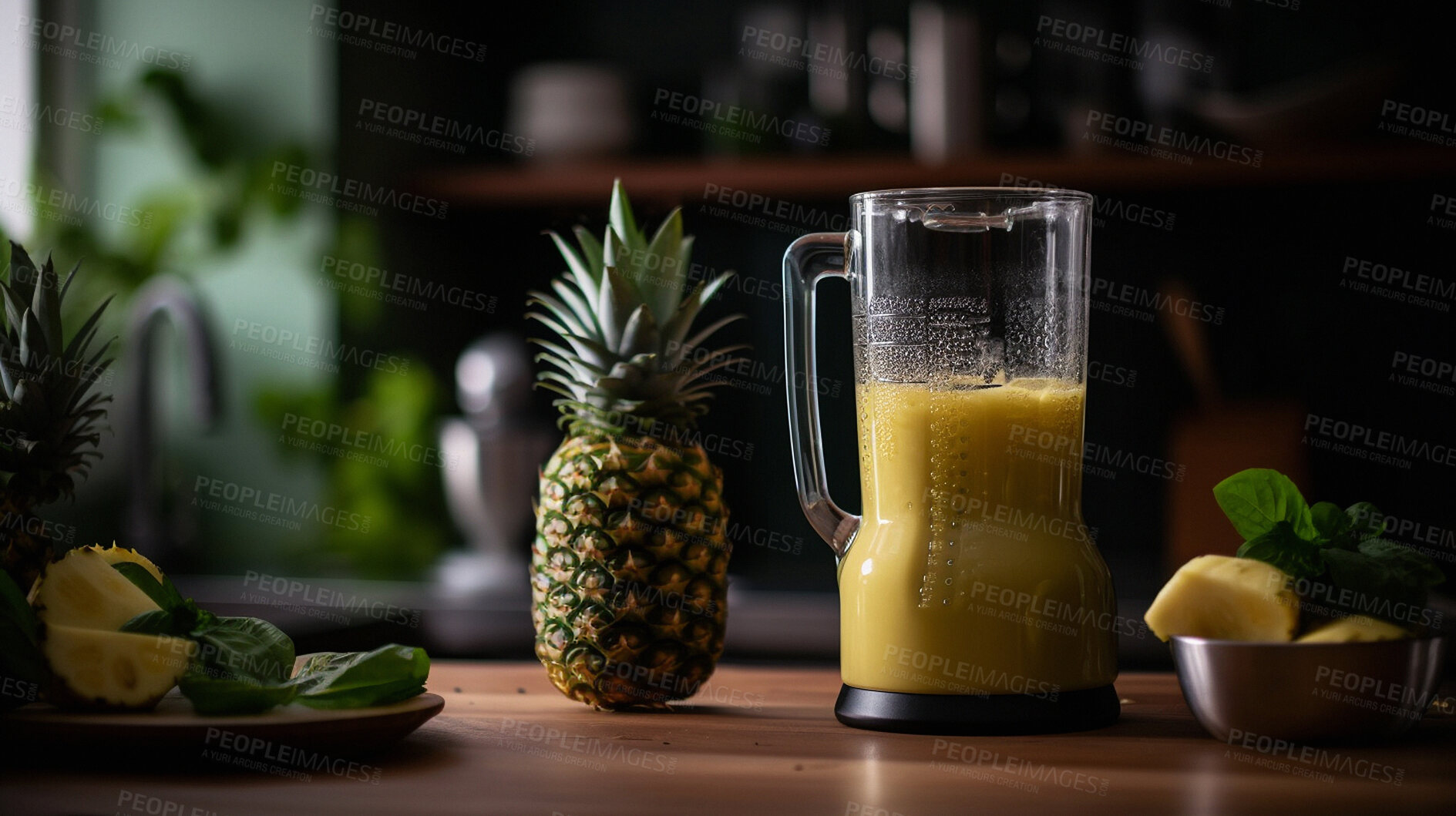 Buy stock photo Blender, pineapple and fruit smoothie for health and wellness in an ai generated home. Diet, nutrition and fresh tropical fruit juice as a breakfast or brunch snack to drink as a cold cocktail