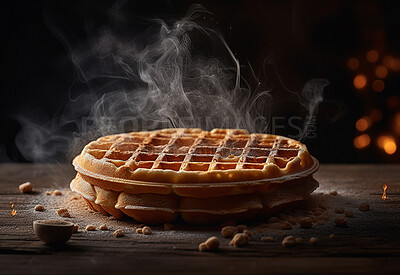 Steam, hot and waffles for a breakfast diet and nutrition meal to eat on a table. Sweet, ai generated dessert and Belgian waffle for a culinary meal or cuisine snack in a house closeup in a stack