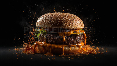 Burger, food and delicious meal isolated on a dark background of a restaurant to eat for nutrition and diet. Protein, meat and an ai generated hamburger with sauce closeup for eating at dinner