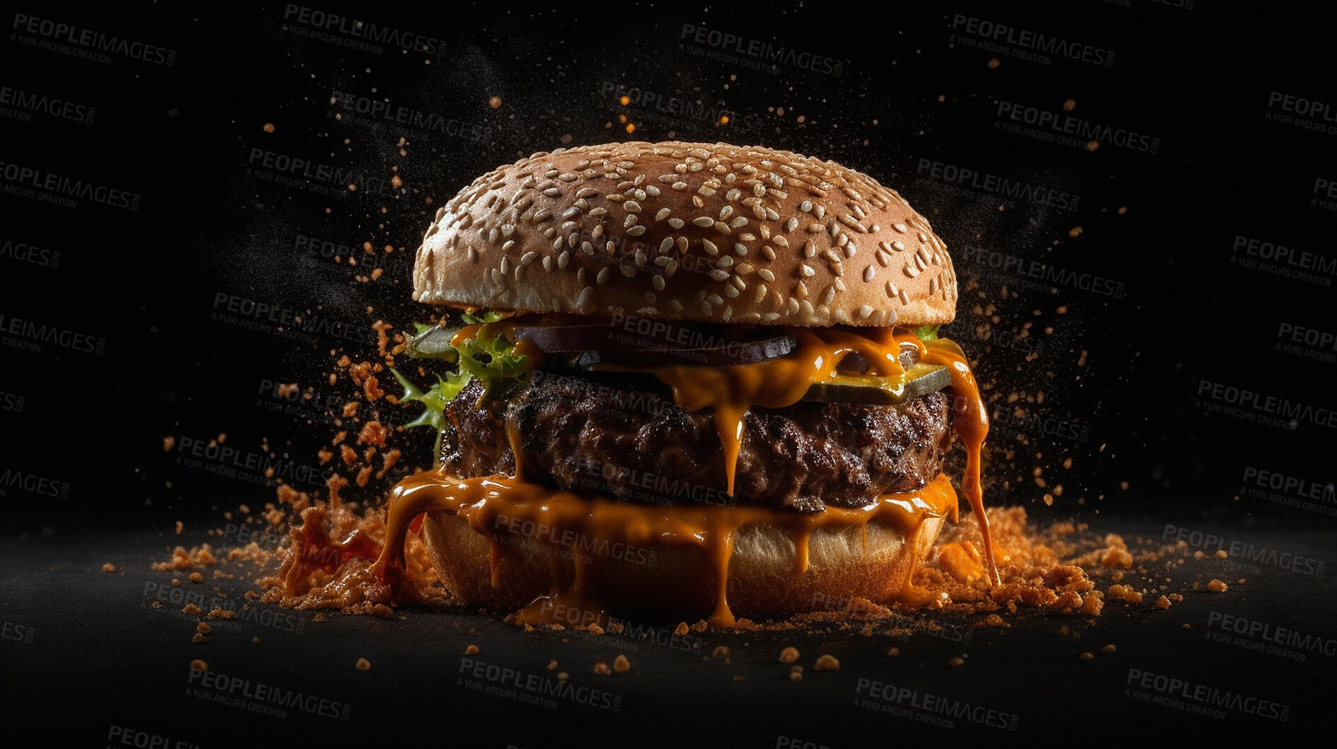 Buy stock photo Burger, food and delicious meal isolated on a dark background of a restaurant to eat for nutrition and diet. Protein, meat and an ai generated hamburger with sauce closeup for eating at dinner