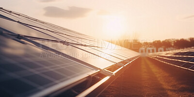 Solar panel, electricity or farm for renewable energy, sunrise sustainability and ai generated power