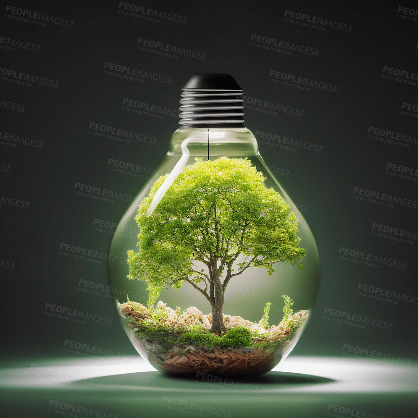 Buy stock photo Light bulb, plants or isolated growth in carbon footprint, sustainability or ai generated recycling