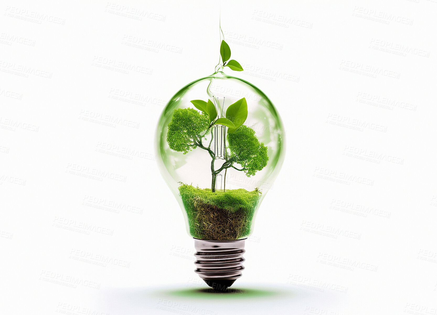 Buy stock photo Light bulb, plants or isolated growth in sustainability, green energy or ai generated recycling idea