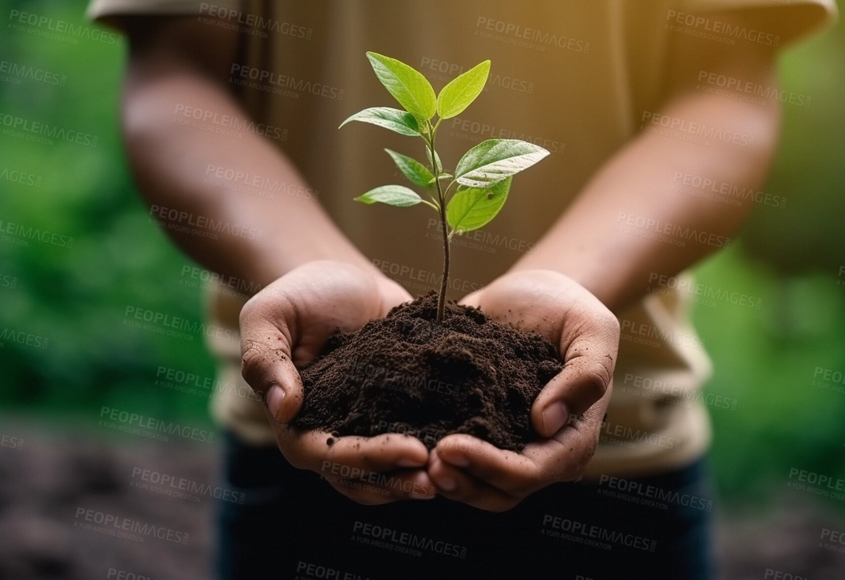 Buy stock photo Person hands, plant and sapling for agriculture, eco conservation and ai generated planting growth