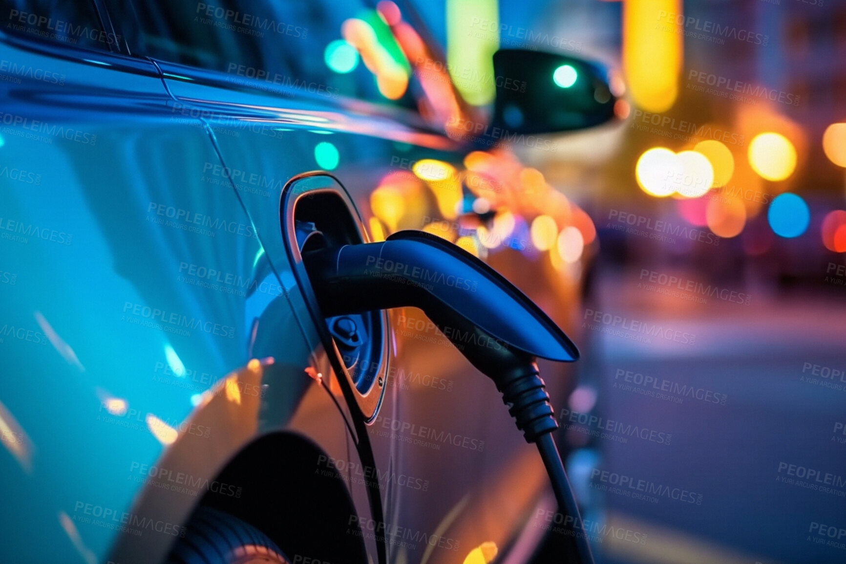 Buy stock photo Closeup electric car, charger or city in eco friendly transport, green energy or ai generated travel