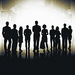 Business people, city and collaboration silhouette in illustration, company or ai generated teamwork