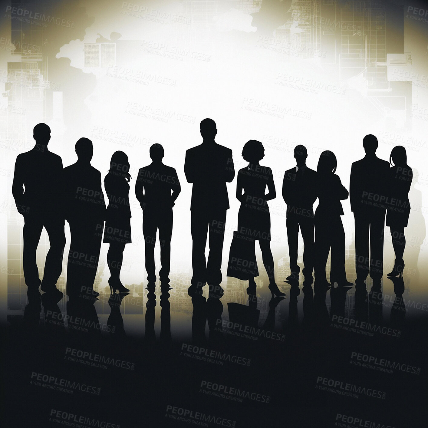Buy stock photo Business people, city and collaboration silhouette in illustration, company or ai generated teamwork