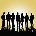 Business people, city and teamwork silhouette for illustration, company or ai generated leadership