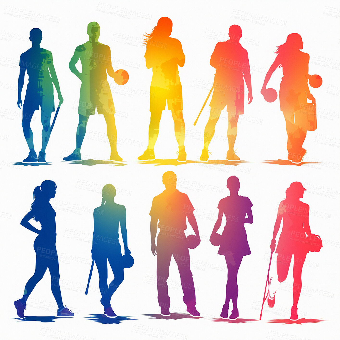Buy stock photo People, rainbow or silhouette color illustration for ai generated sports, lgbtq or inclusive fitness