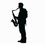 Man, saxophone and silhouette illustration of musician for ai generated concert and jazz performance