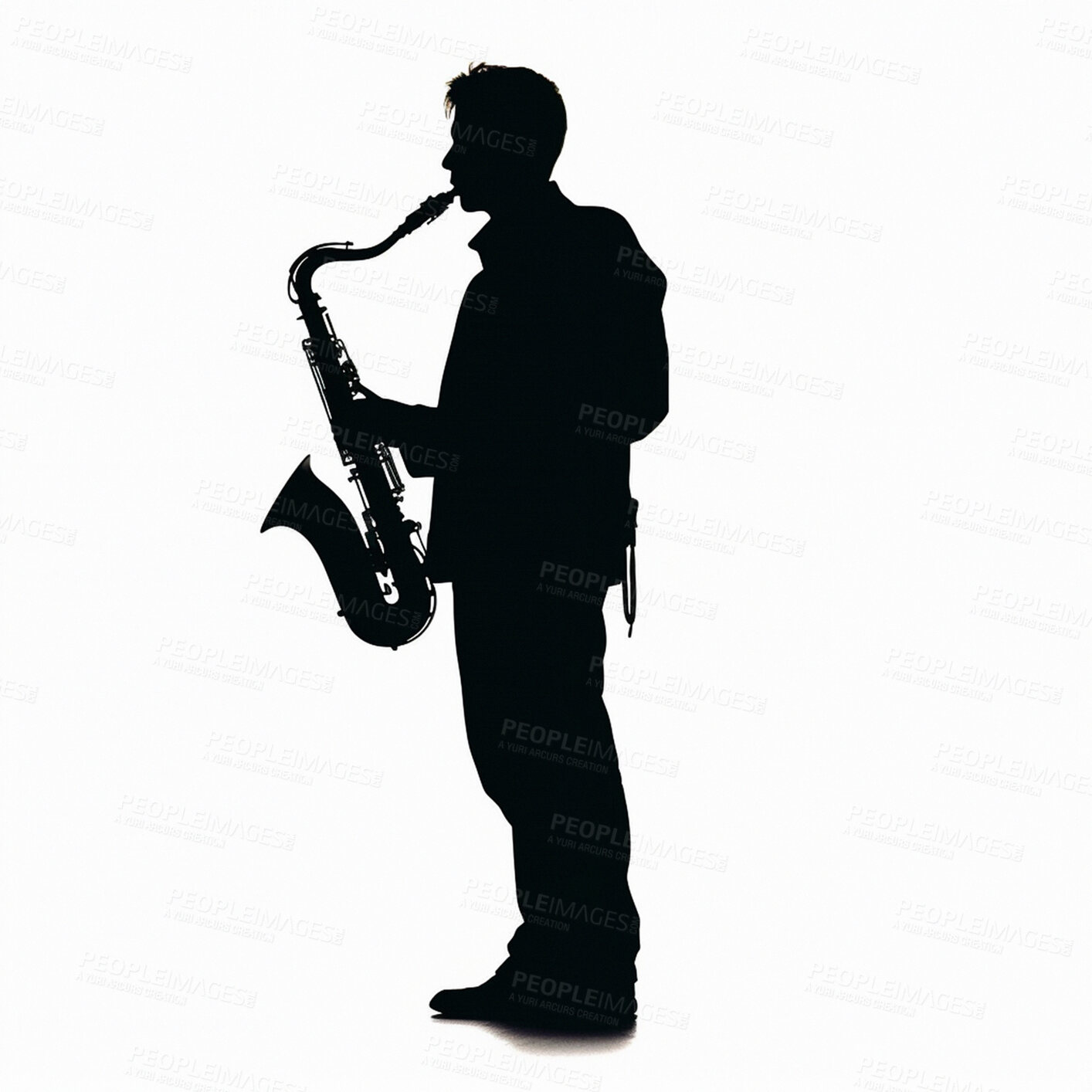 Buy stock photo Man, saxophone and silhouette illustration of musician for ai generated concert and jazz performance