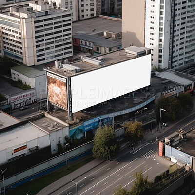 Aerial city, billboard and mockup space for marketing, blank advertising or ai generated information