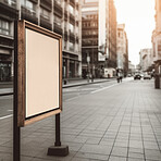 Town poster, mockup and sidewalk for advertising space, blank marketing or ai generated information