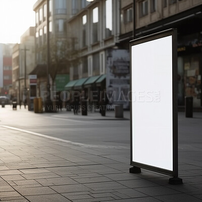 Town poster, mockup and sidewalk for marketing space, blank advertising or ai generated information