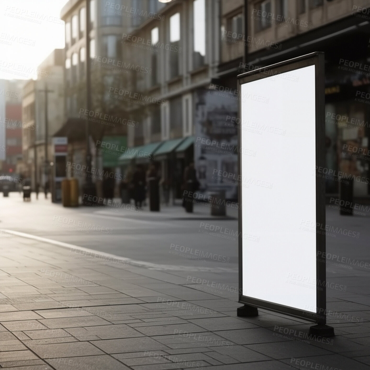 Buy stock photo Town poster, mockup and sidewalk for marketing space, blank advertising or ai generated information