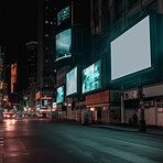 City billboard, night and space for advertising, blank marketing mockup or ai generated information