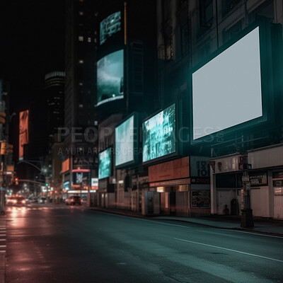City billboard, night and space for advertising, blank marketing mockup or ai generated information