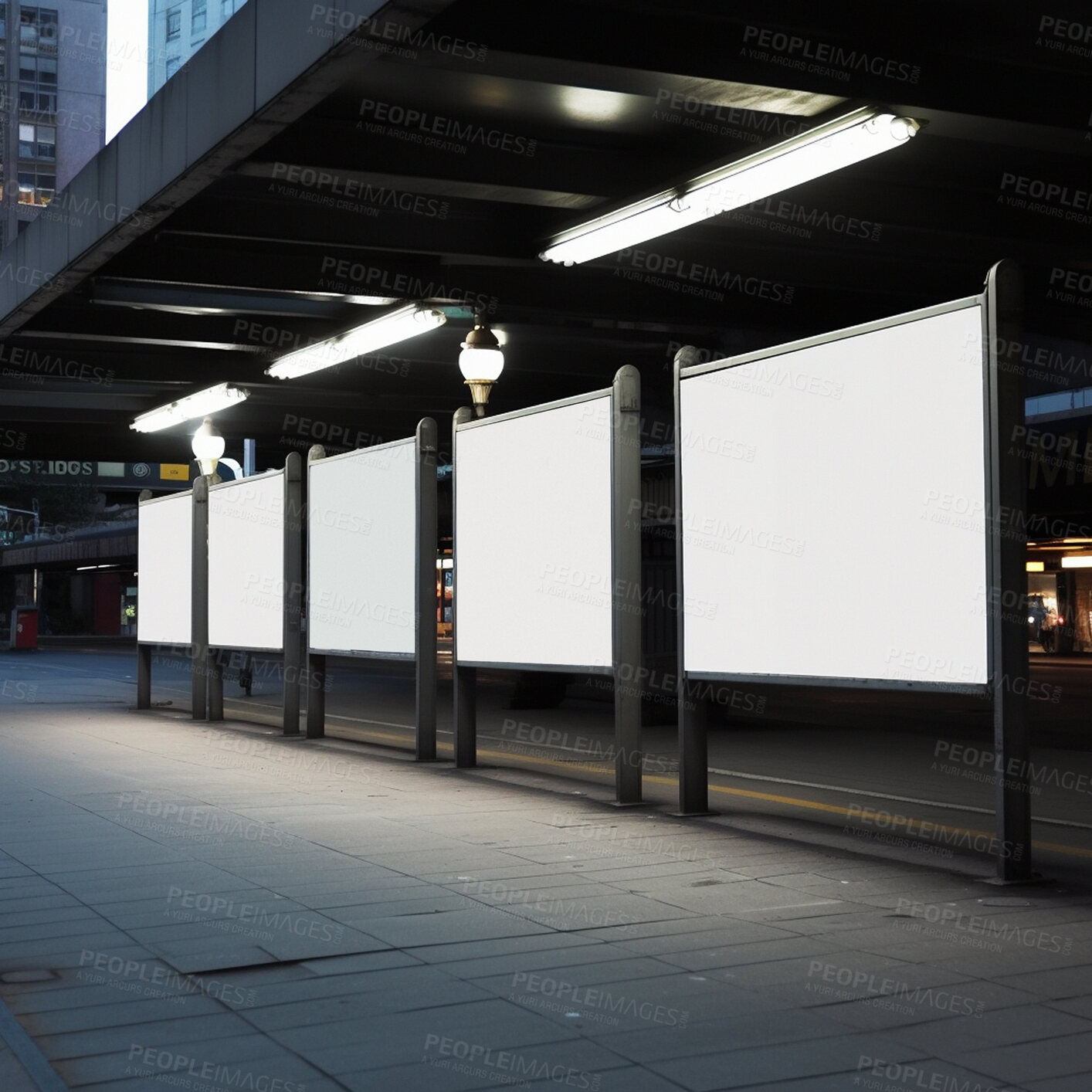 Buy stock photo Town billboard, night and space for advertising, blank marketing mockup or ai generated information