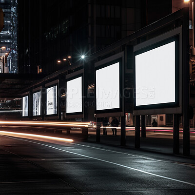 Urban billboard, night and space for advertising, blank marketing mockup or ai generated information