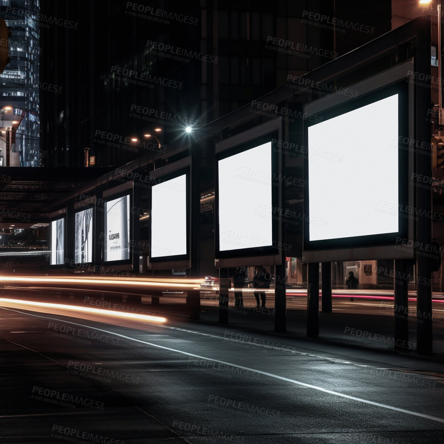 Buy stock photo Urban billboard, night and space for advertising, blank marketing mockup or ai generated information